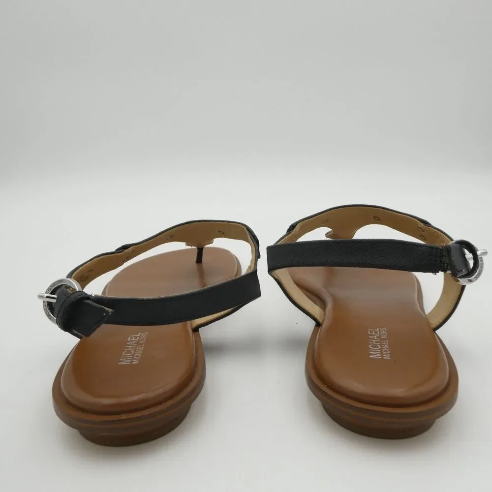 Michael Kors MK Plate Women's 9.5 Thong Black Leather Sandals Plate Logo